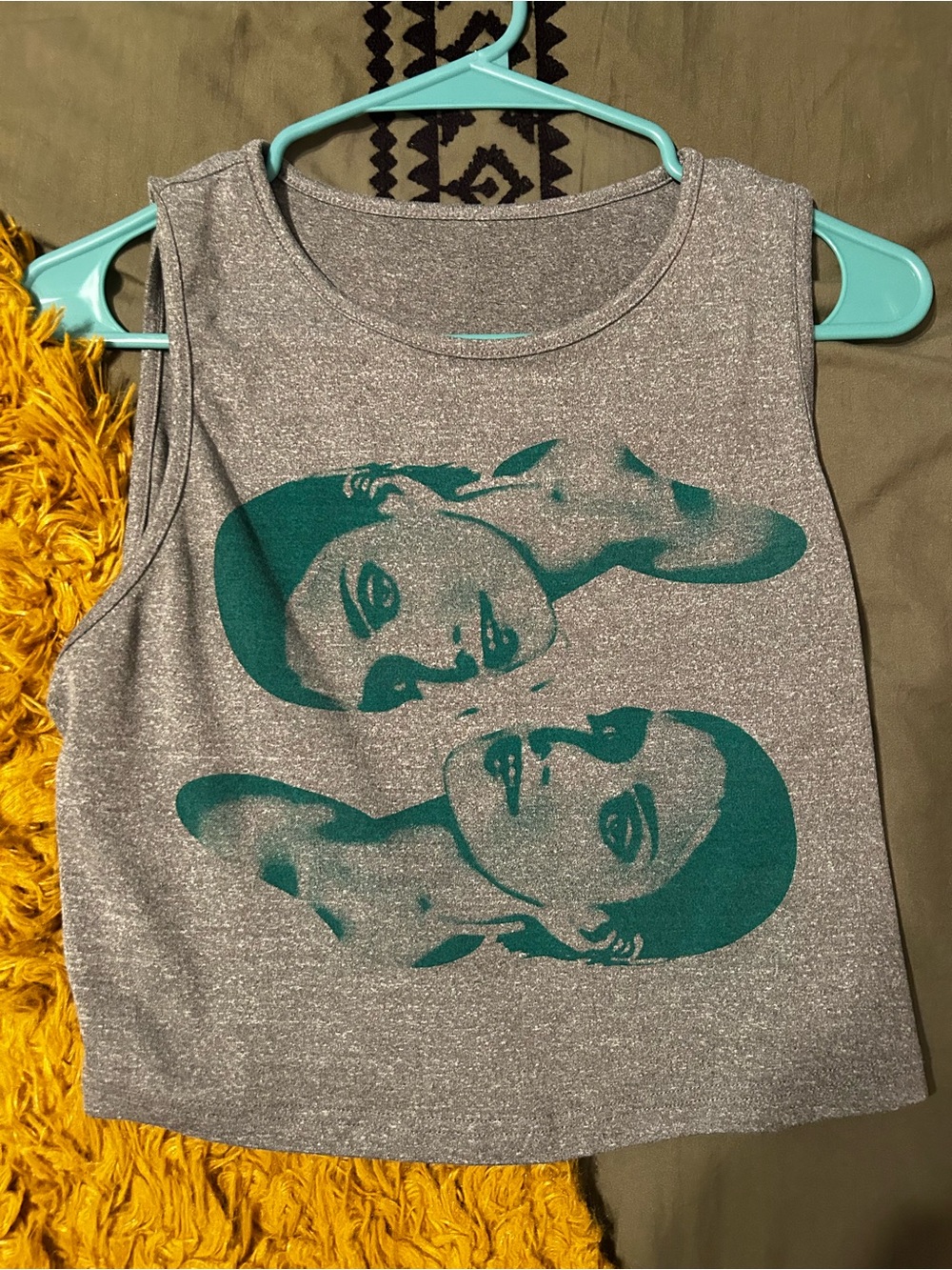 Gray Graphic Tank Top with Teal Portrait Print